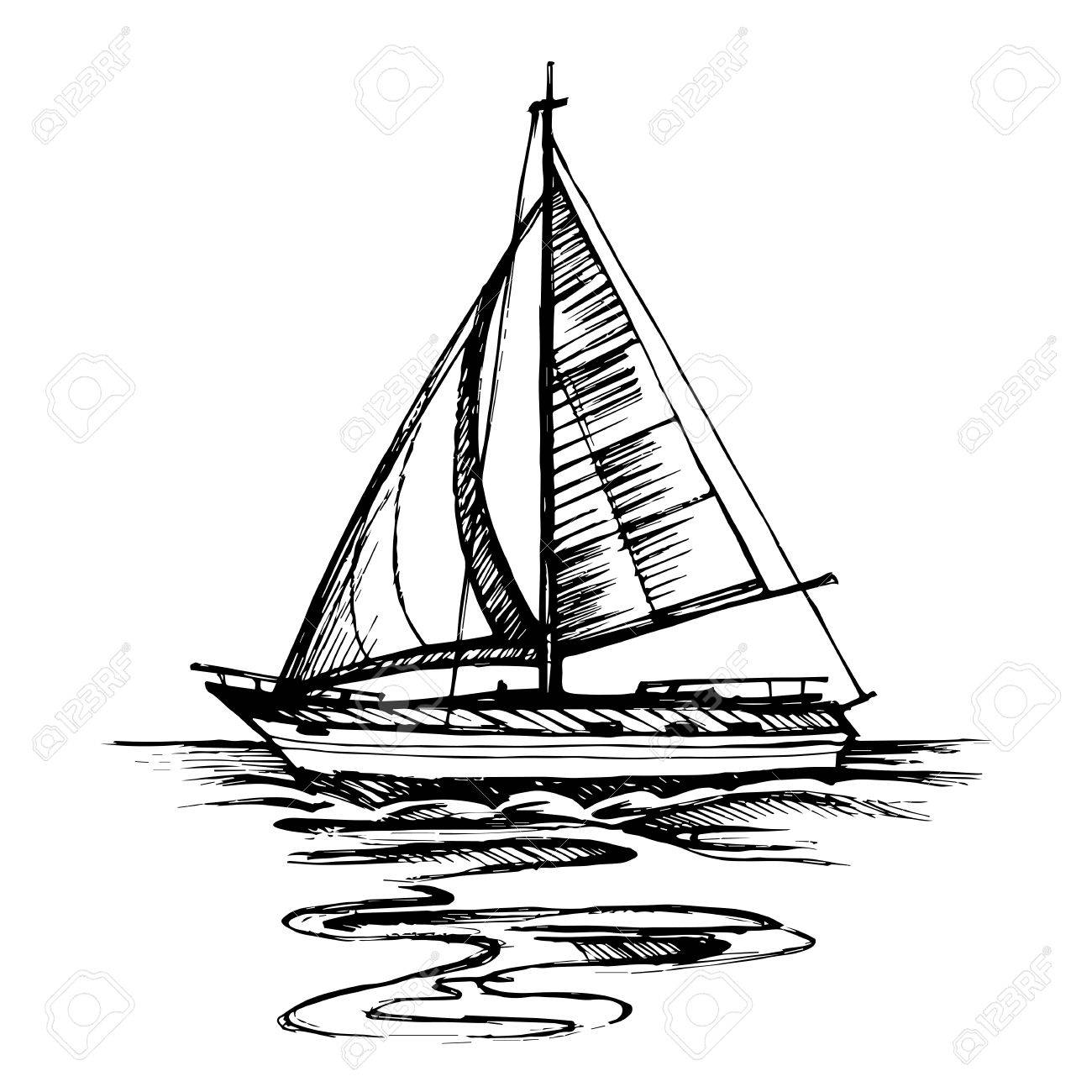 1300x1300 Sailing Boat Vector Sketch Isolated With Reflection. Sea Yacht