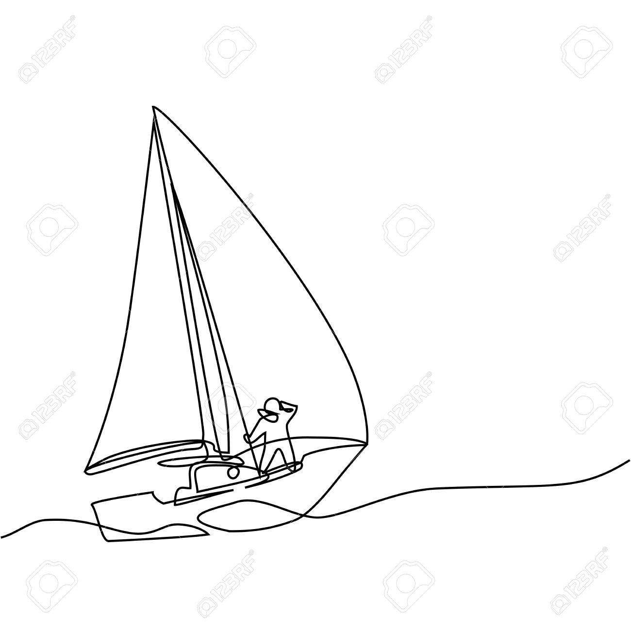 1300x1300 Continuous Line Drawing Of Sailboat With Captain. Business Icon