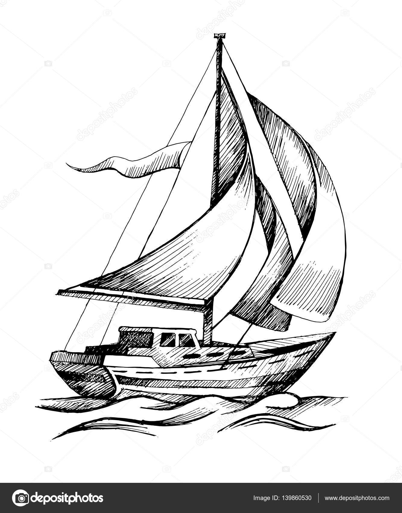 1333x1700 Sailing Ship Vector Sketch Isolated With Waves. Stock Vector