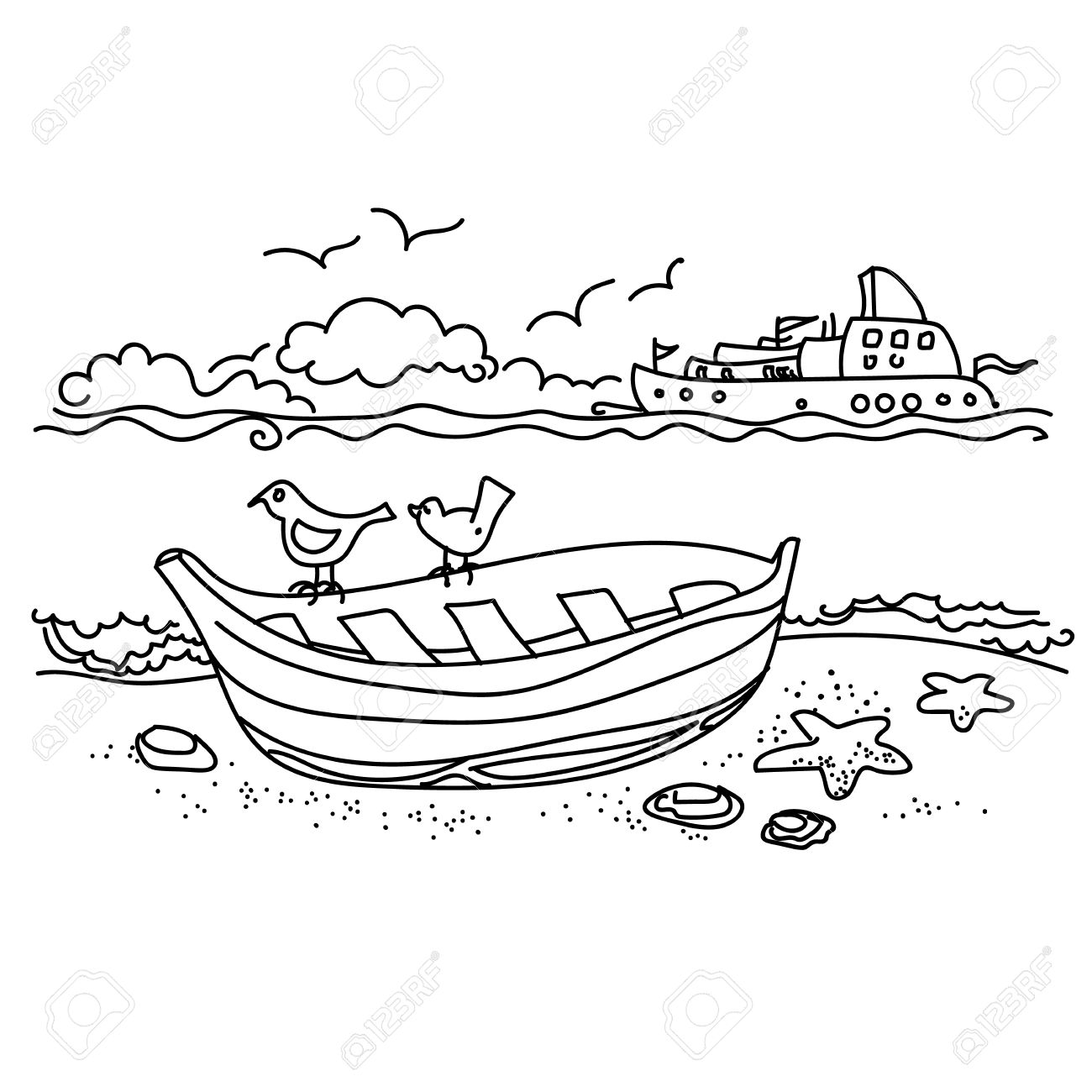 1300x1300 Sailing Boat On Coast Free Hand Drawing, Outline Royalty Free