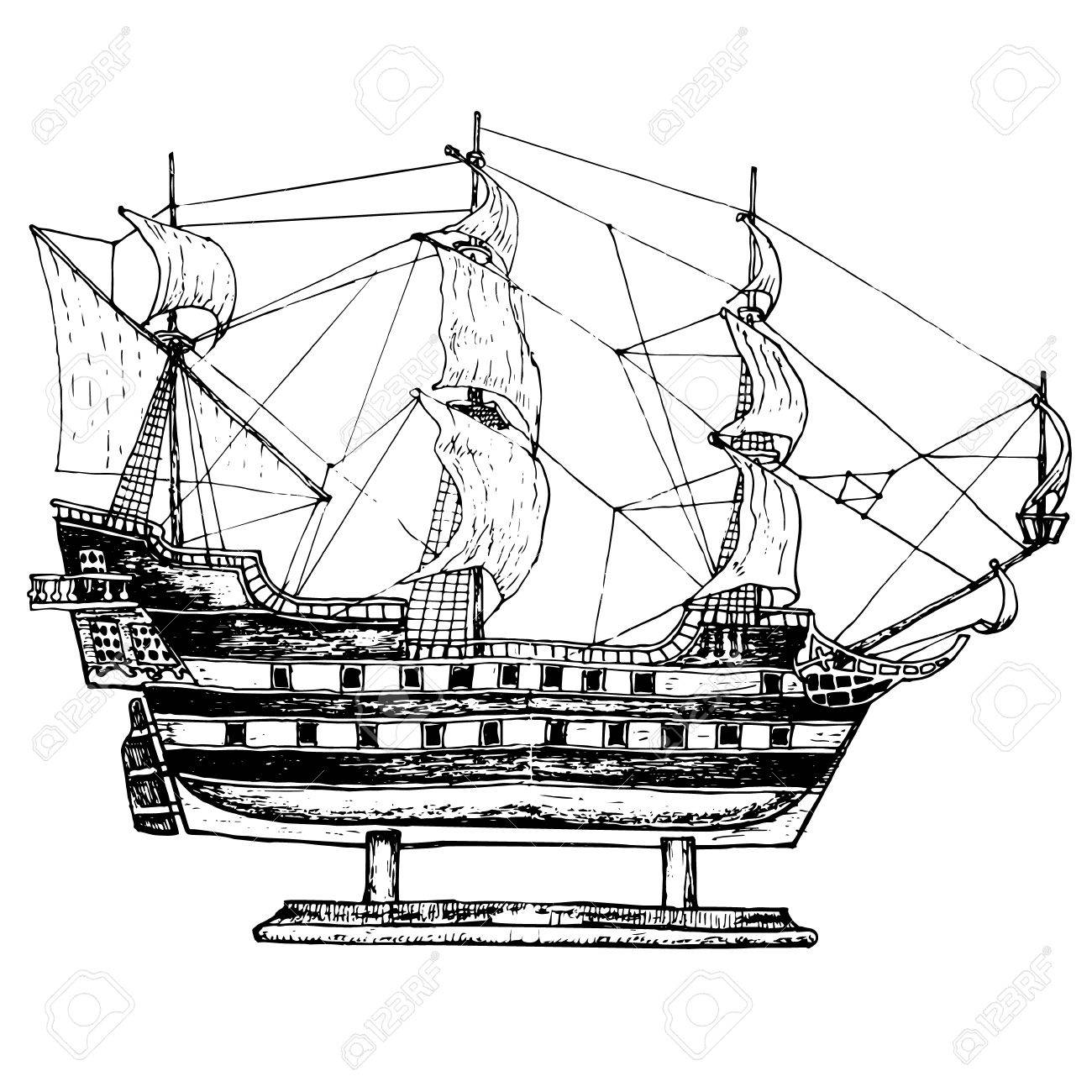 1300x1300 Sailing Ship Model. Hand Drawn Illustranion Royalty Free Cliparts