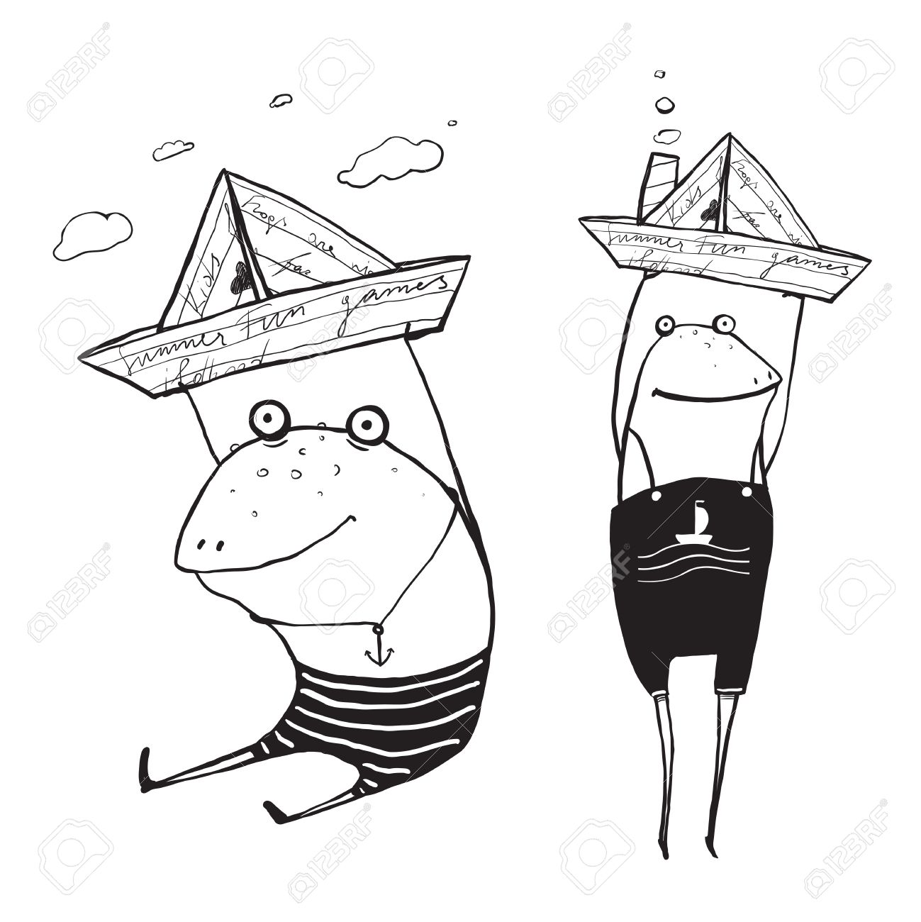 1299x1300 Frog Sailing Toy Paper Boats Outline Drawing. Fun Childish Hand