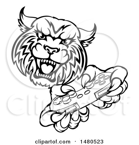 450x470 Clipart Of A Black And White Roaring Aggressive Bobcat Mascot Head