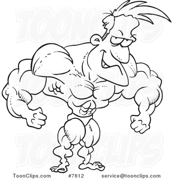 581x600 Cartoon Black And White Line Drawing Of A Bodybuilder Flexing