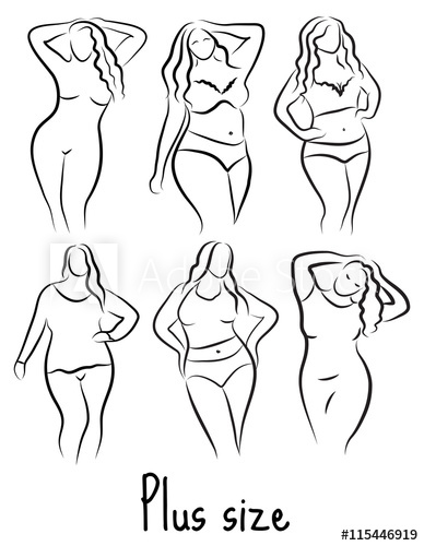 388x500 Plus Size Model Woman Sketch. Hand Drawing Style. Fashion Logo