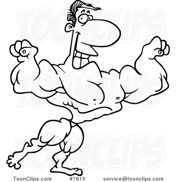 581x600 Cartoon Black And White Line Drawing Of A Fleding Bodybuilder