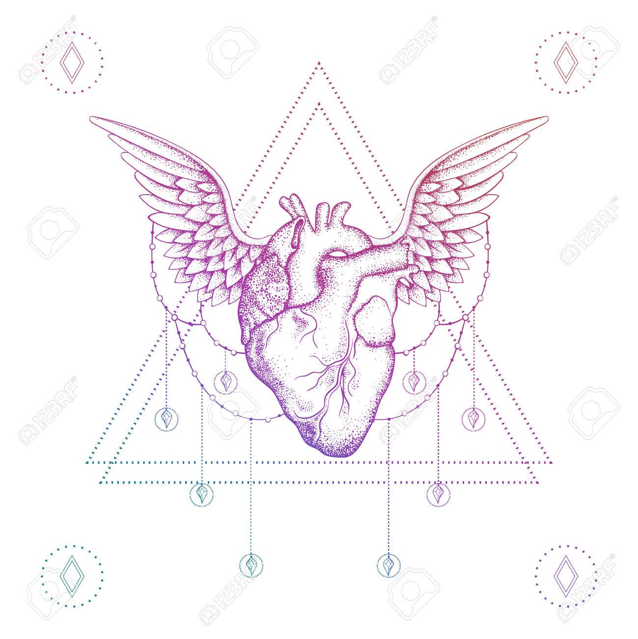 1299x1300 Heart With Wings, Boho Color Dotwork Tattoo. Bohemian Vector