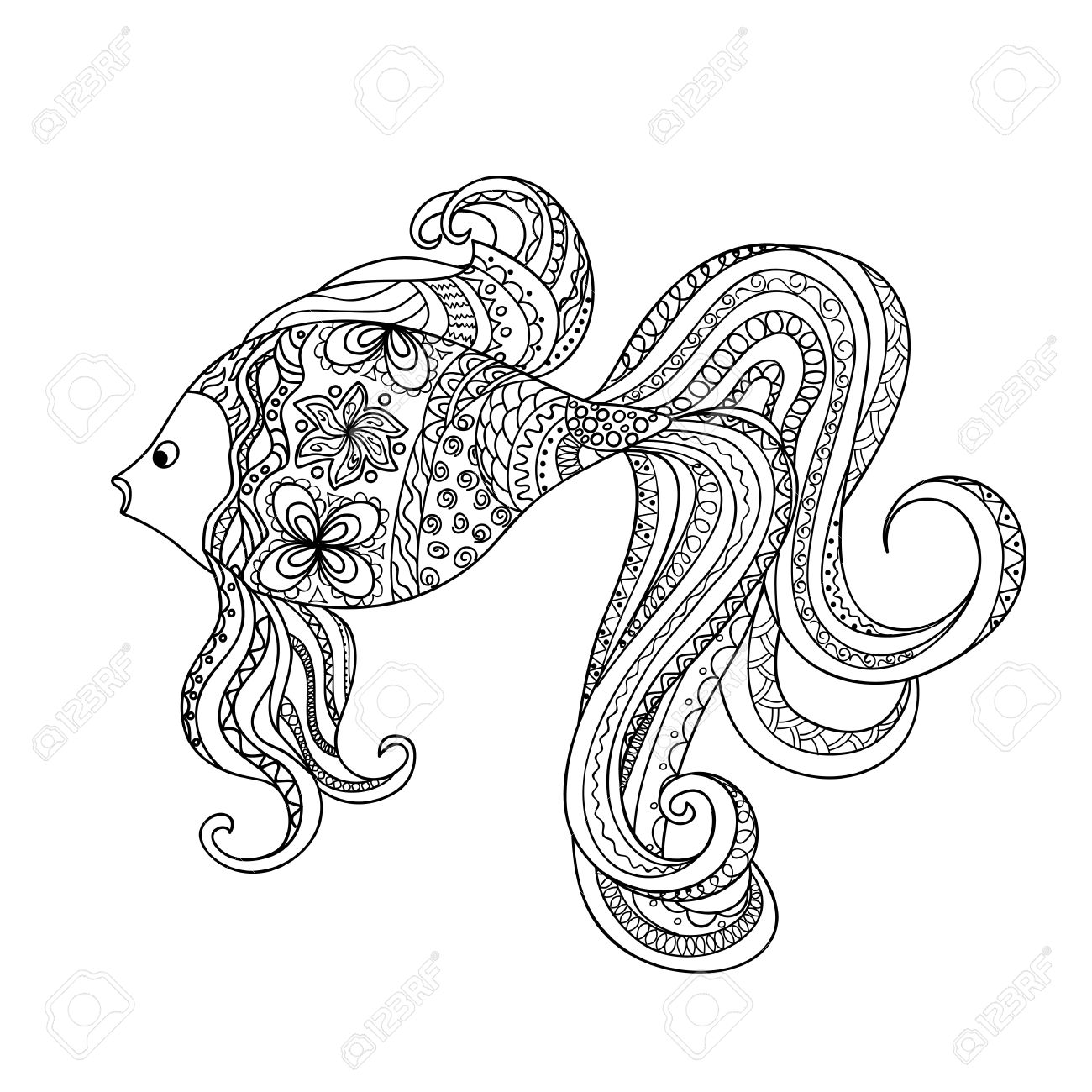 1300x1300 Hand Drawn Decorated Cartoon Fish In Boho Style. Pencil Drawing