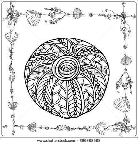 450x470 Adult Coloring Page With Sea Shells In Boho Style. Outline Drawing