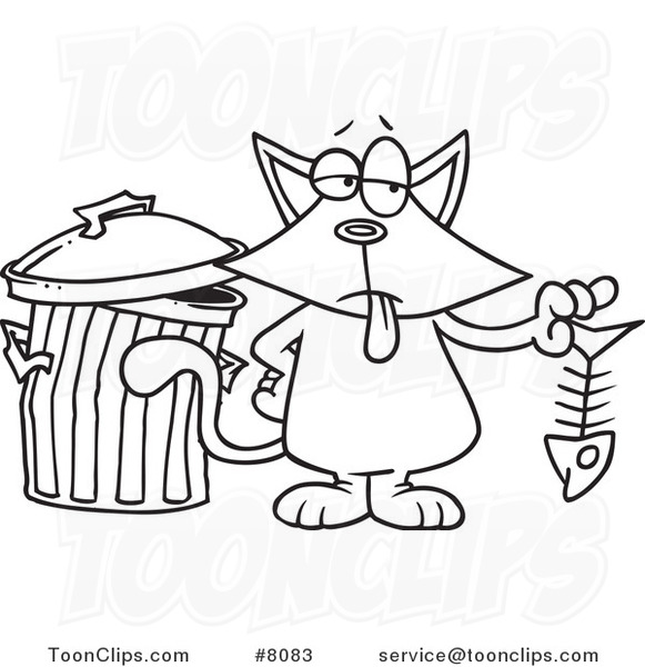581x600 Cartoon Black And White Line Drawing Of A Cat Holding A Fish Bone