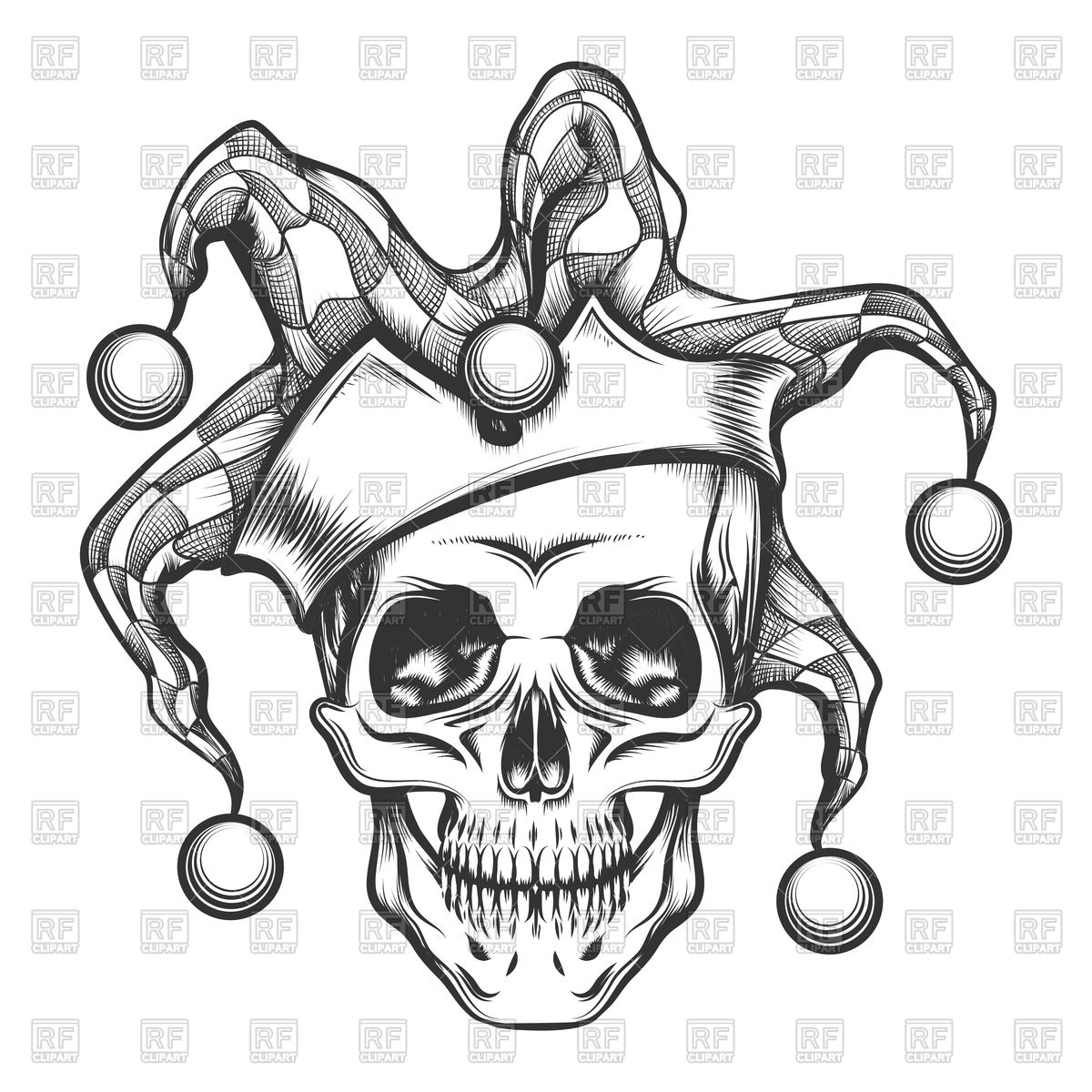 1200x1200 Hand Drawn Jester Skull In Fools Cap Royalty Free Vector Clip Art
