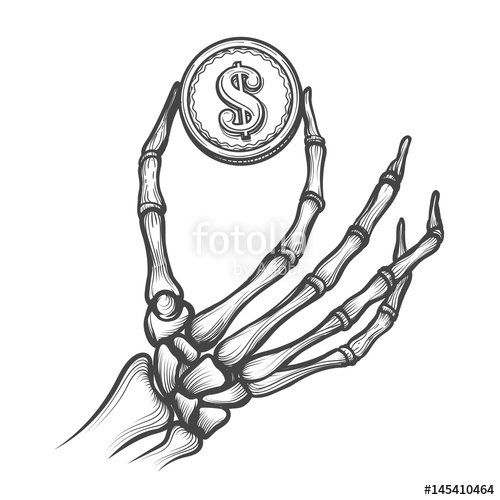 500x500 Skeleton Hand With Coin Hand Drawn Vector Illustration. Bones