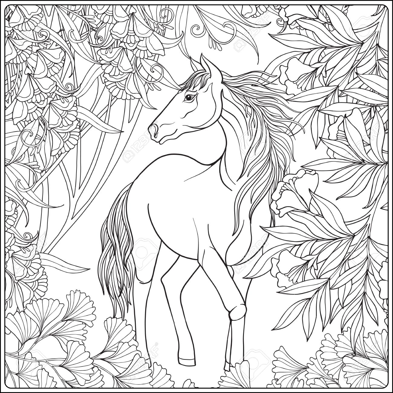 1300x1300 Horse In Garden. Illustration. Coloring Book For Adult And Older
