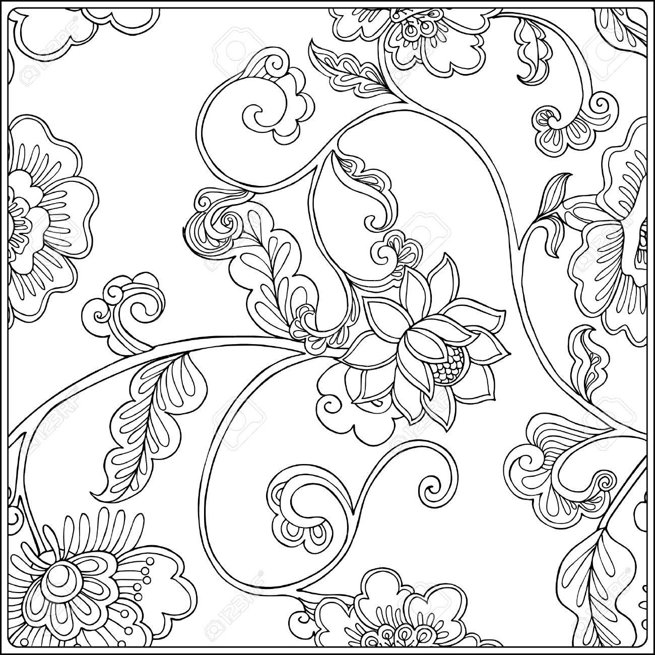 1300x1300 Vintage Floral Pattern. Outline Drawing. Coloring Book For Adult