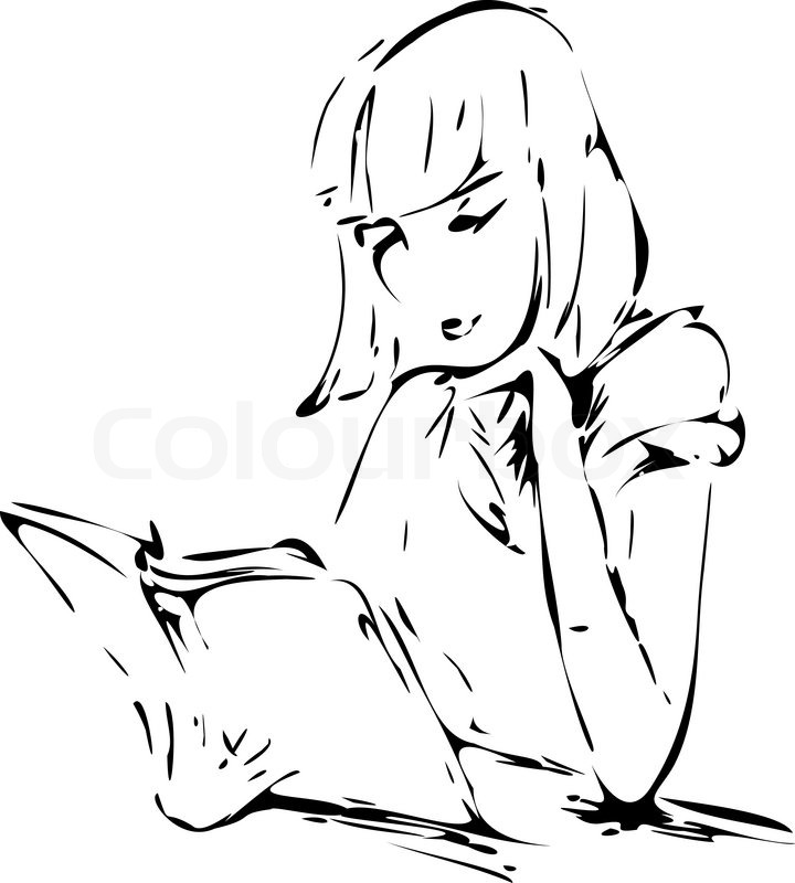 720x800 Graphic Drawing Of A Girl Reading A Book. Vector Illustration