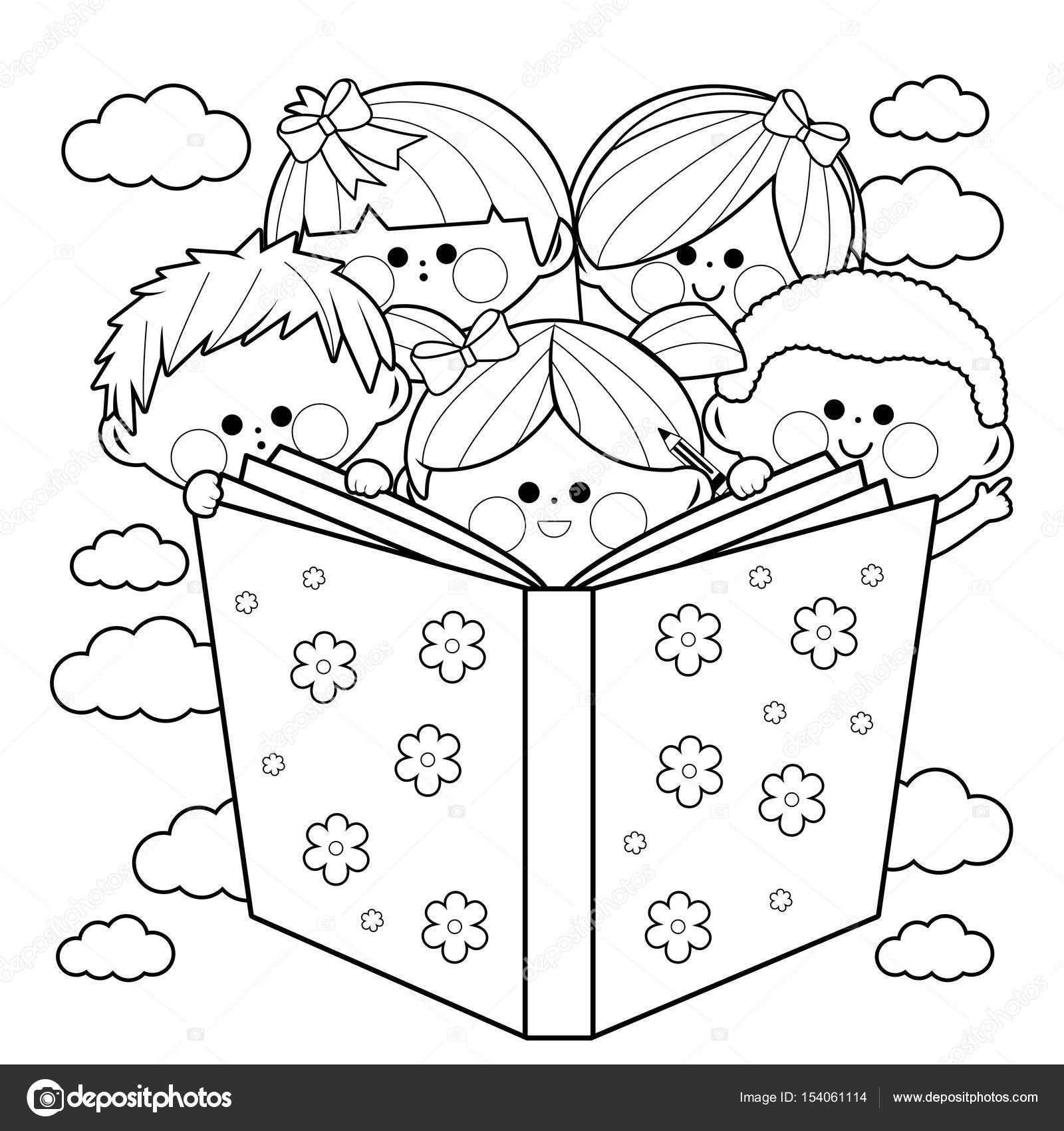 1600x1700 Group Of Kids Reading A Book. Black And White Coloring Book Page