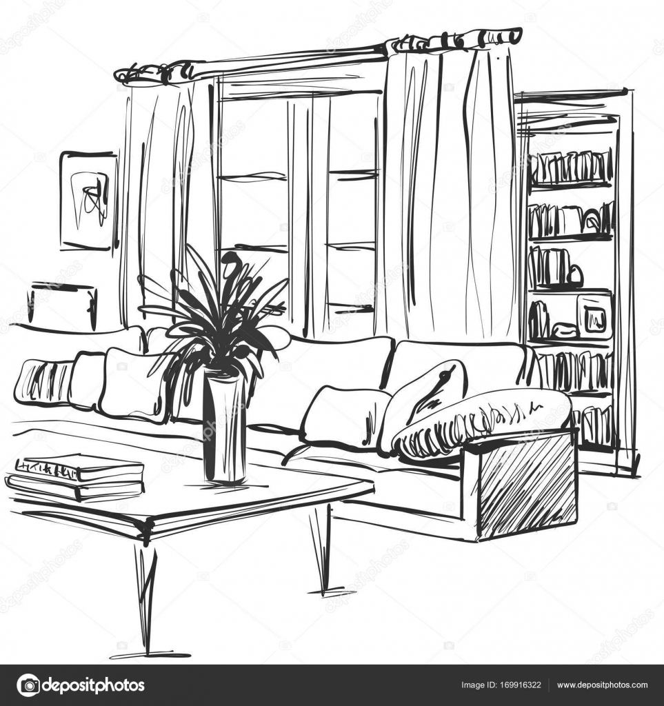 963x1024 Hand Drawn Sketch Of Modern Living Room Interior With A Sofa