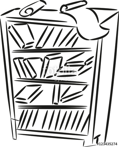 407x500 Sketch Of Bookshelf With Books And Papers Stock Image And Royalty