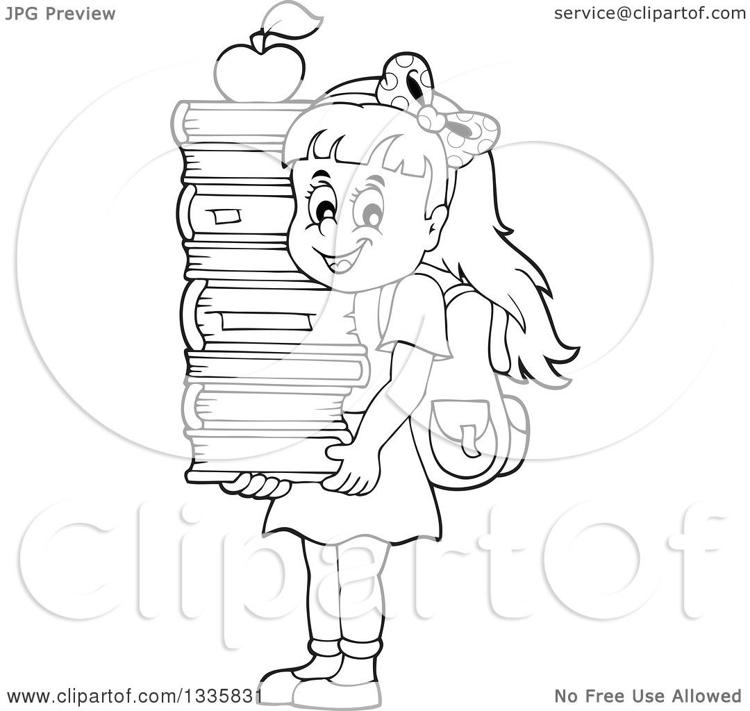 1080x1024 Clipart Of A Cartoon Blackd White Happy School Girl Carrying