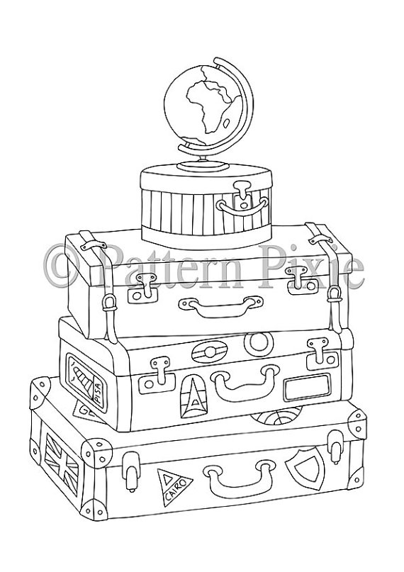 570x807 Stacked Vintage Suitcases Colouring Page
