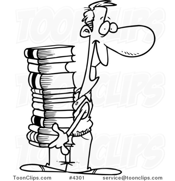 581x600 Cartoon Black And White Line Drawing A Guy Carrying A Stack