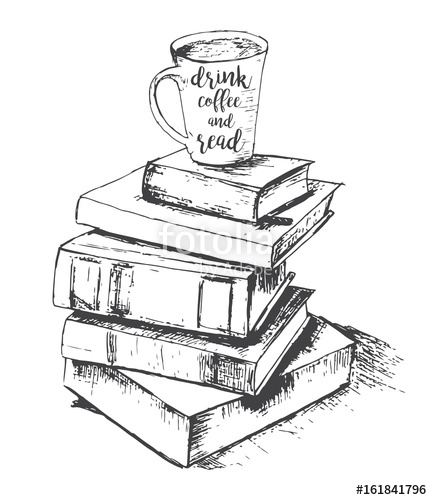 432x500 Vector Sketch Drawing With Cup And Books. Drink And Read. Vector