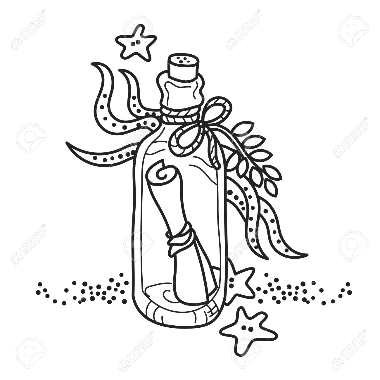 1300x1300 Message In A Bottle On Sea Bottom. Free Hand Drawing. Good