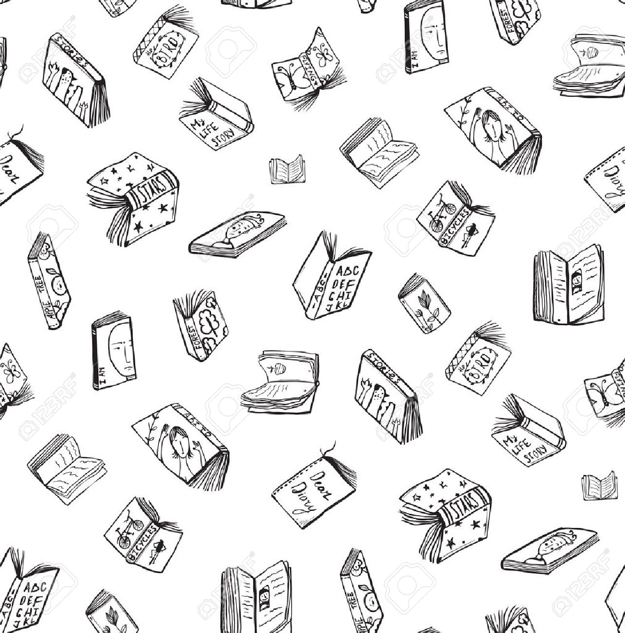 1284x1300 Open Books Drawing Seamless Pattern Background. Hand Drawn Black