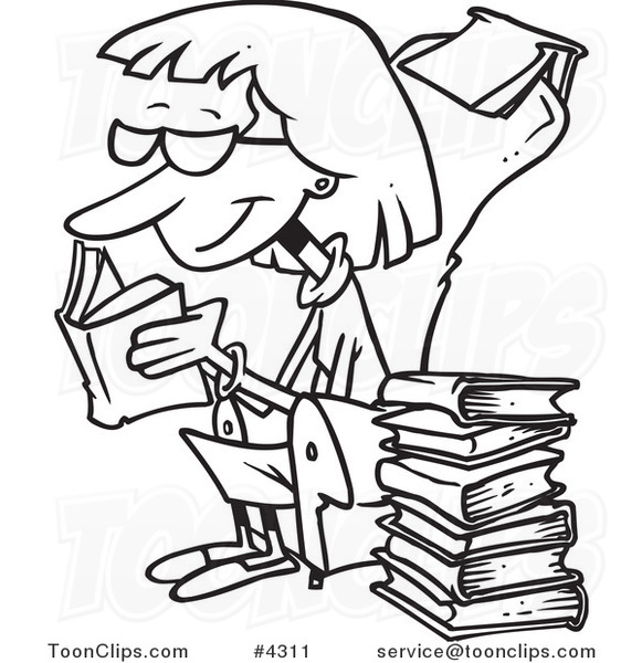 581x600 Cartoon Black And White Line Drawing Of A Senior Lady Reading