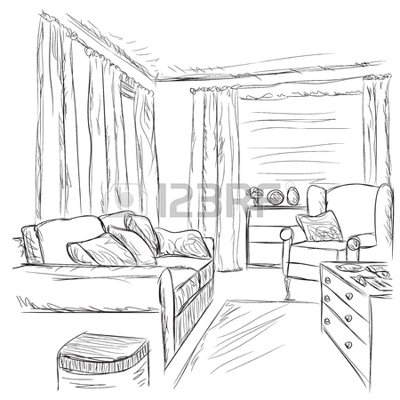 450x450 Modern Interior Room Sketch. Hand Drawn Bookshelves And Sofa