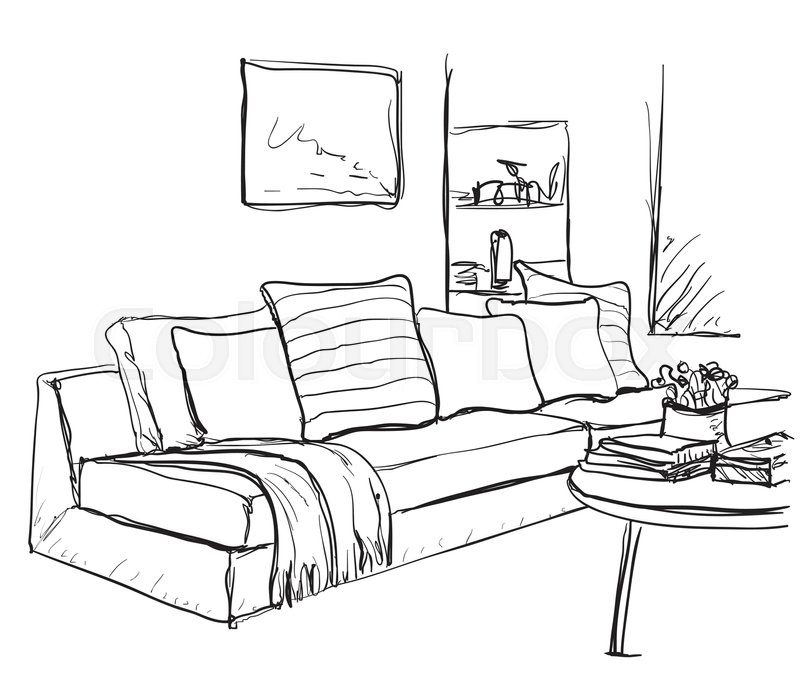 800x685 Room Interior Sketch. Hand Drawn Sofa And Bookshelves. Stock