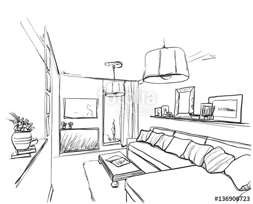 500x405 Room Interior Sketch. Hand Drawn Sofa And Furniture. Stock Image
