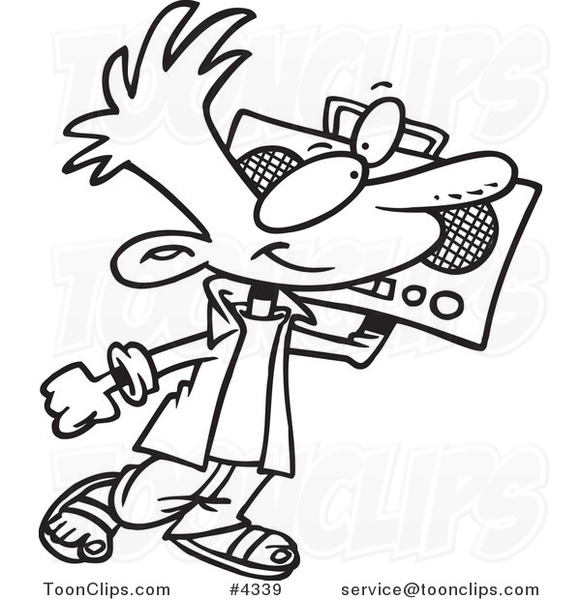 581x600 Cartoon Black And White Line Drawing Of A Boy Carrying A Boom Box
