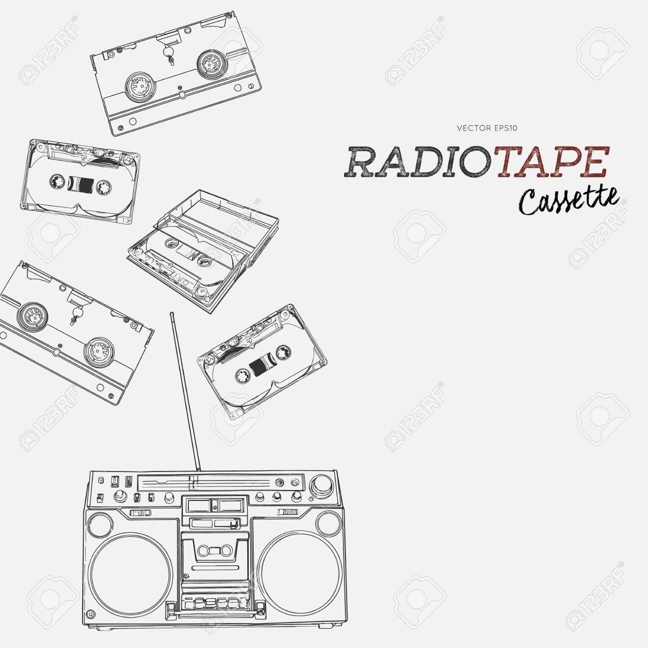 1300x1300 Vintage Audio Tape Cassette, Boombox And Video Tape Hand Draw
