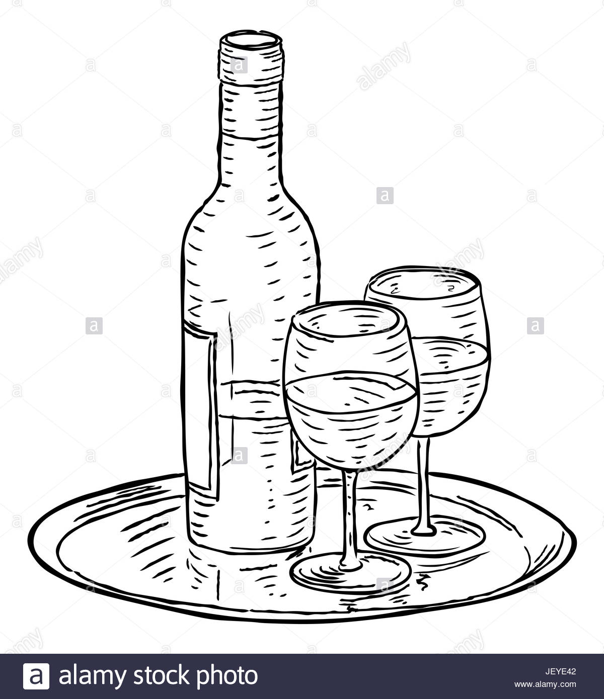 1200x1390 A Bottle Of Wine And Two Glasses On A Tray Hand Draw In A Retro