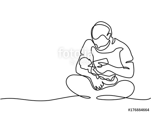 500x375 Continuous Line Drawing. Young Father Feeding Baby From Bottle