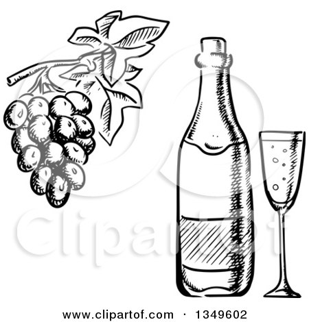 450x470 Clipart Of A Black White Sketched Wine Bottle, Glass