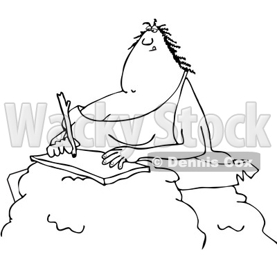 400x400 Clipart Of A Cartoon Black And White Chubby Cave Woman Writing
