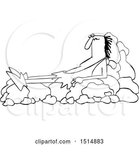 450x470 Clipart Of A Cartoon Black And White Caveman Resting On A Boulder