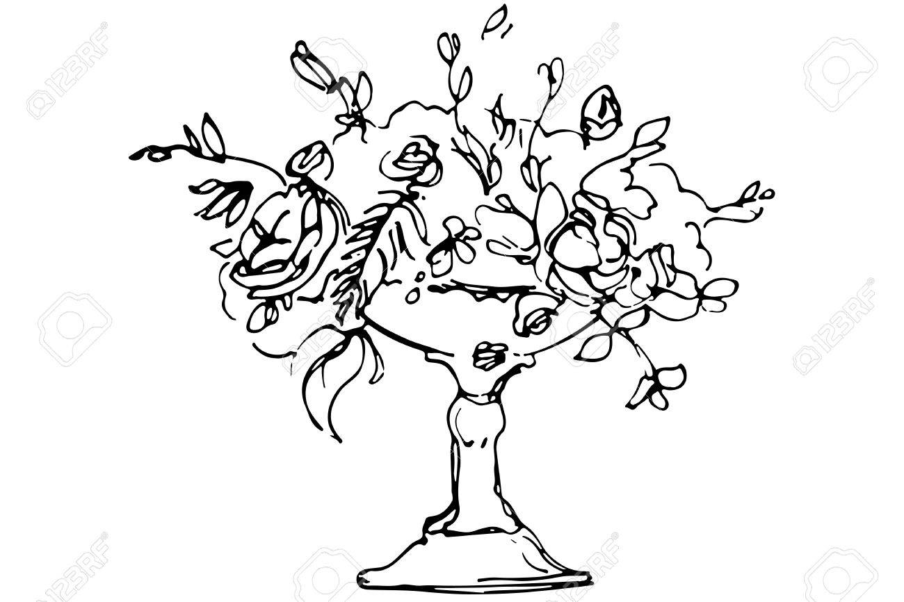 1300x866 Black And White Vector Sketch Of A Bouquet Of Roses In A Crystal