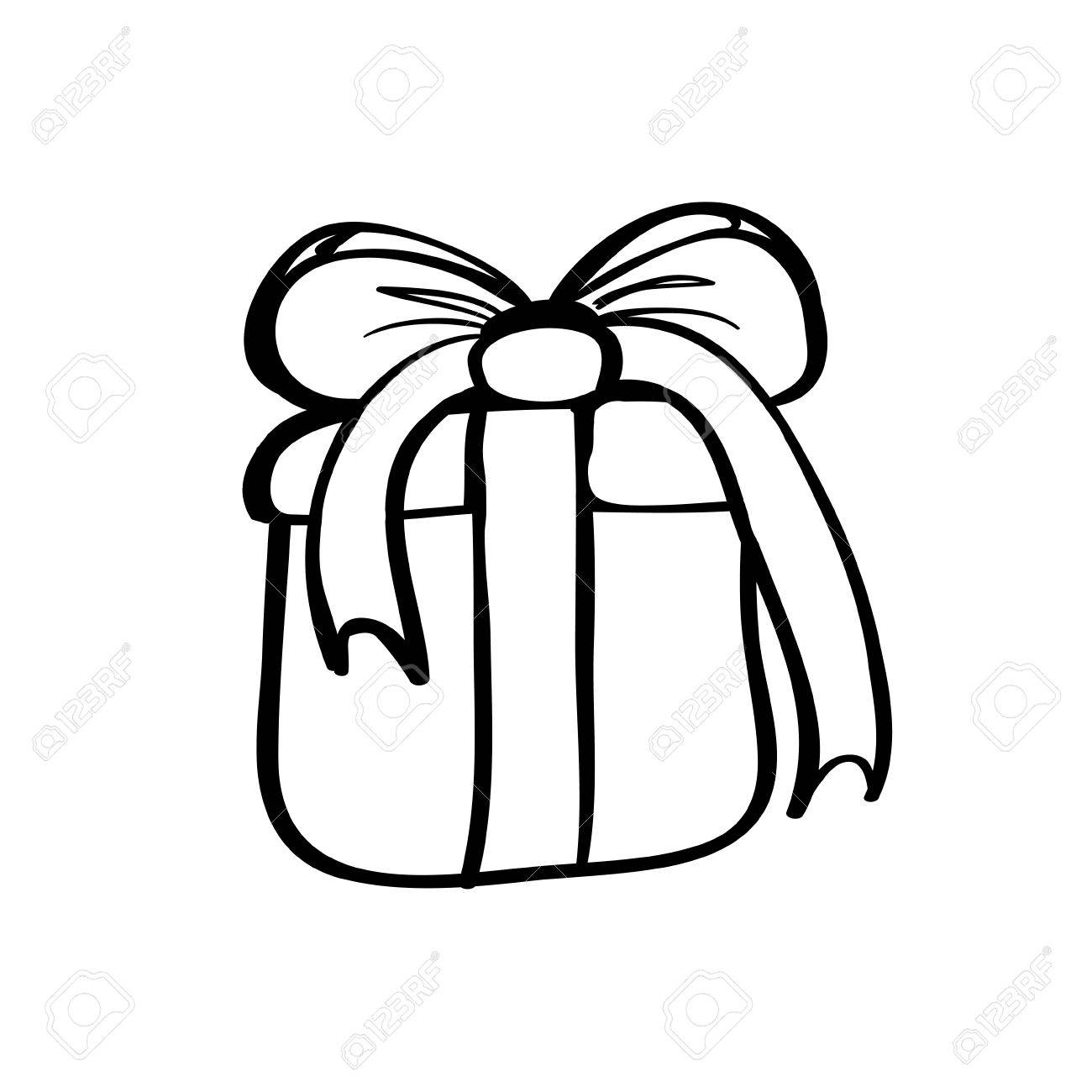 1300x1300 Vector Hand Drawn Gift Box With Bow. Black Sketch On White