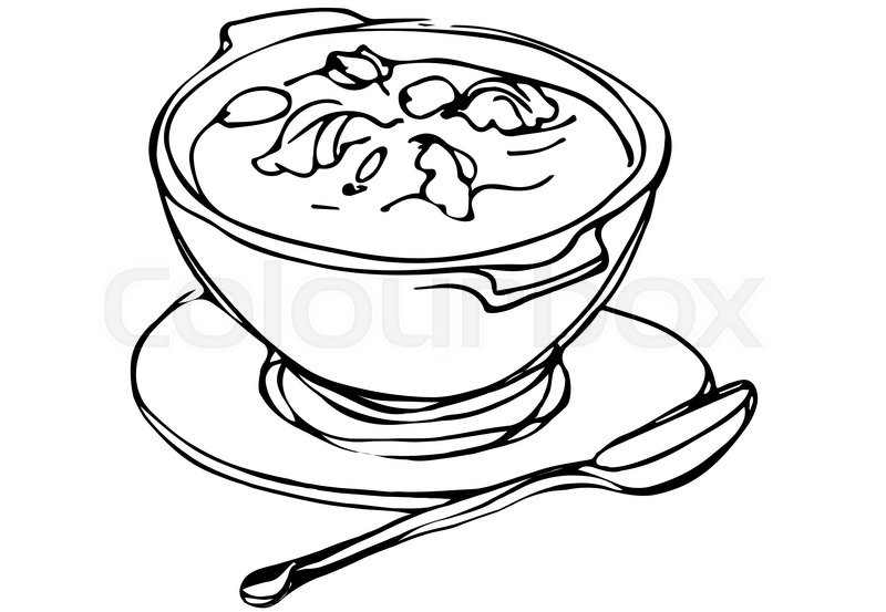 800x553 Vector Sketch Of A Bowl Of Soup With Herbs And Spoon Lying Next