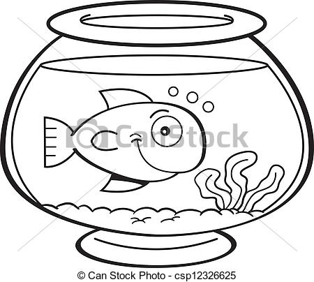 450x404 Cartoon Fish In A Fish Bowl. Black And White Illustration