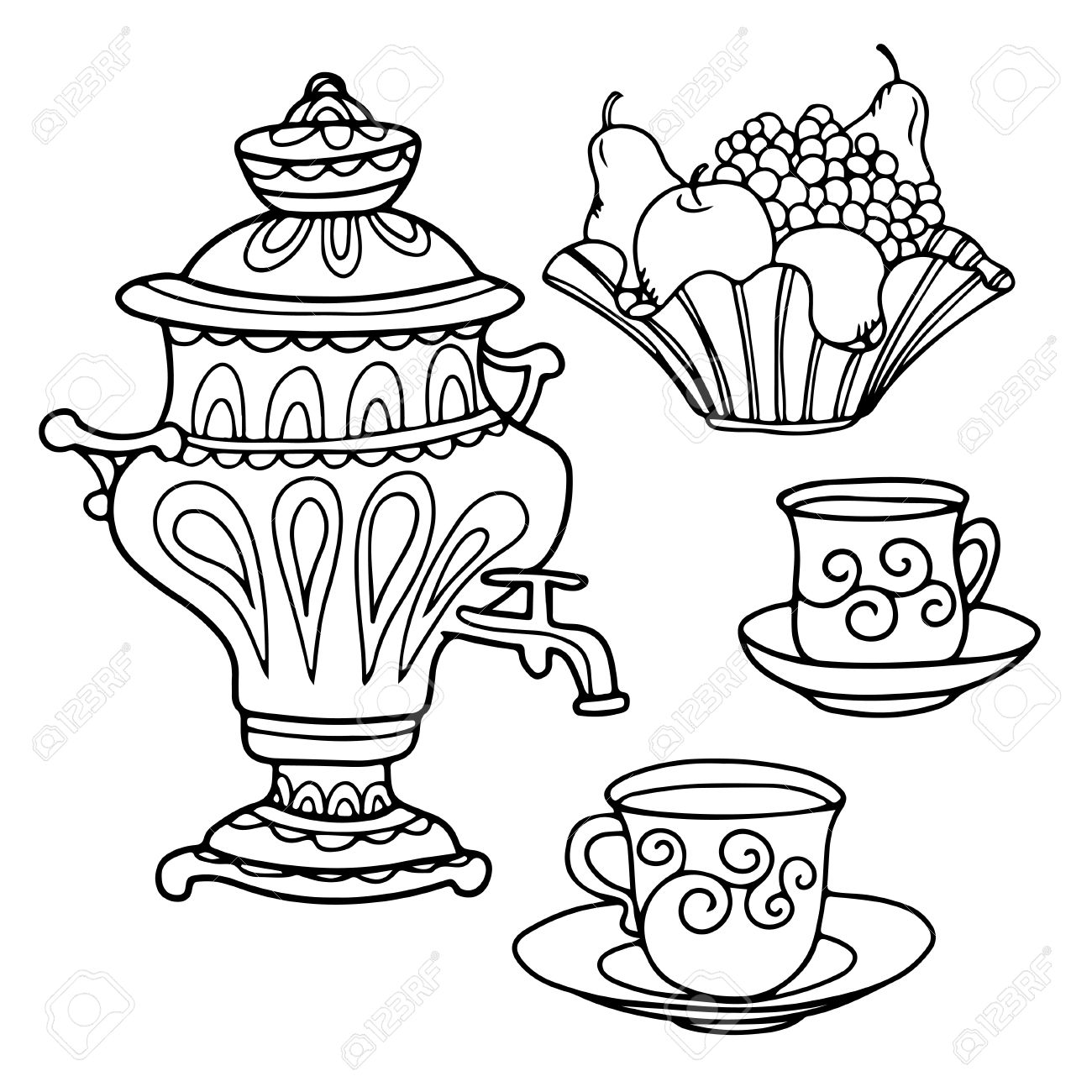 1300x1300 Set Russian Samovar, Bowl Of Fruit And Teacups Royalty Free