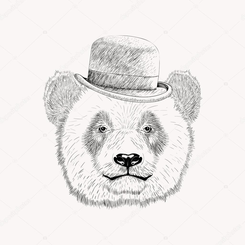 1024x1024 Sketch Panda Face With Black Bowler Hat. Hand Drawn Vector Illus