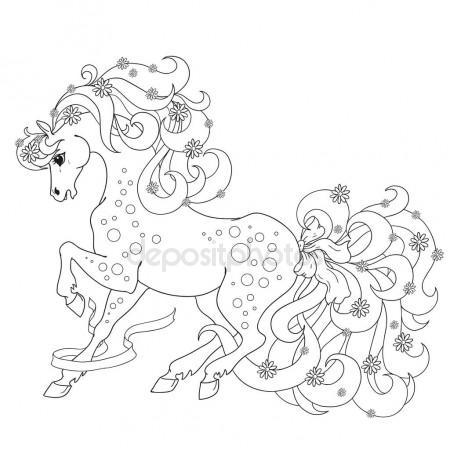 450x450 Horse With Flowers And Bows. Vector Coloring Anti Stress. Coloring