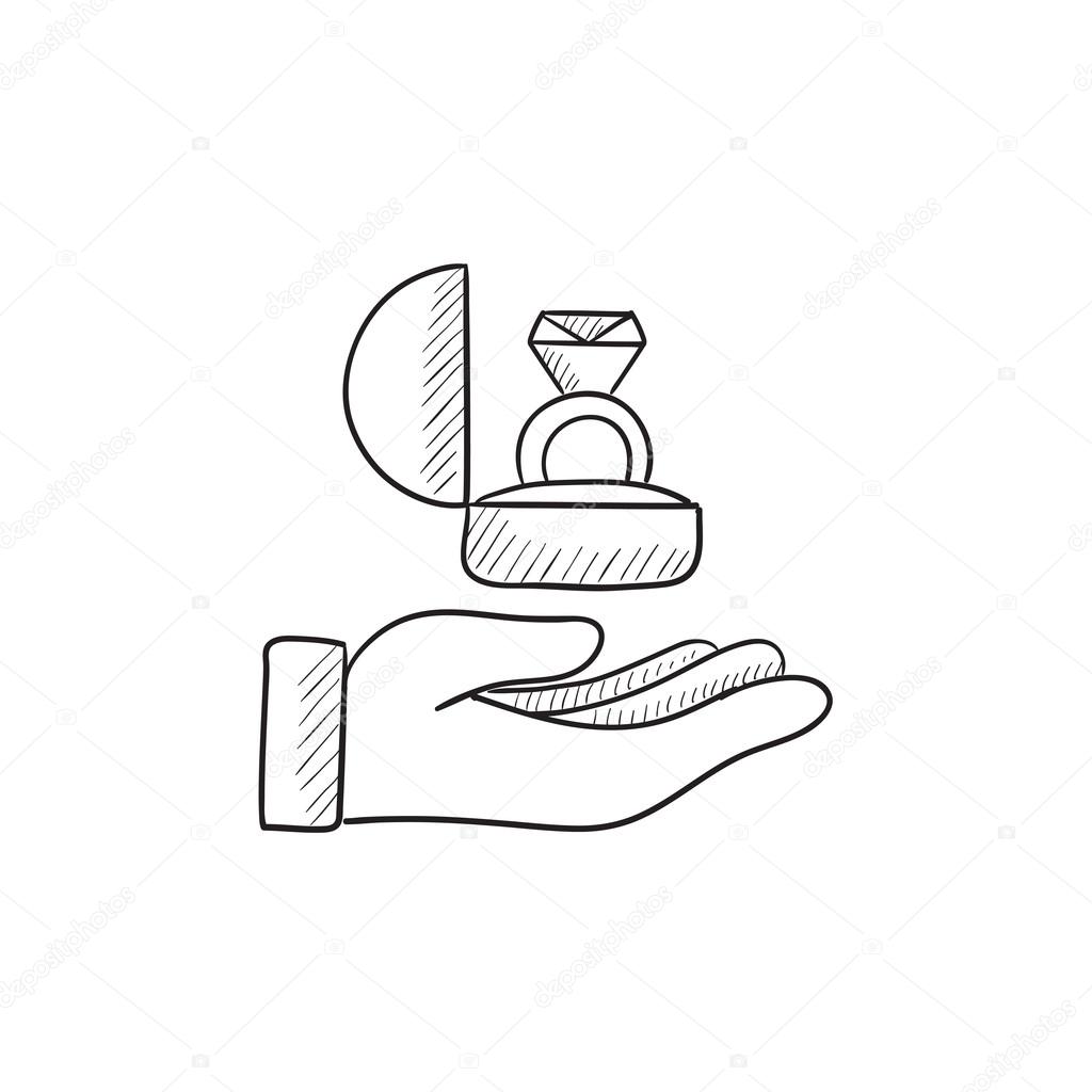 1024x1024 Hand Holding Gift Box With Ring Sketch Icon. Stock Vector