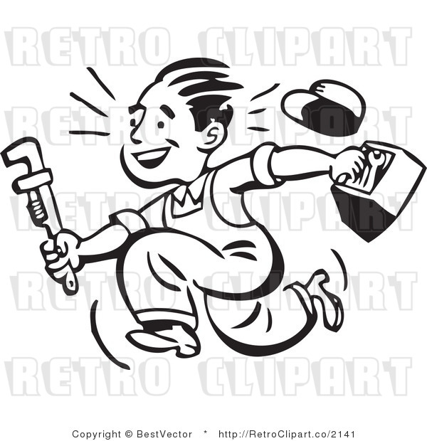 600x620 Retro Clipart Of Smiling Plumber Guy Running With Toolbox