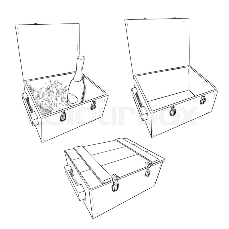 800x800 Vector Sketch Of Wooden Boxes. Set Of Open And Closed Boxes. Hand