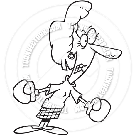 460x460 Cartoon Woman Wearing Boxing Gloves (Black And White Line Art) By